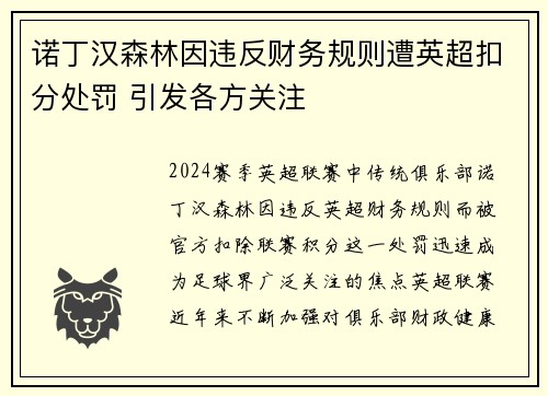 诺丁汉森林因违反财务规则遭英超扣分处罚 引发各方关注 诺丁汉森林因违反财务规则遭英超扣分处罚 引发各方关注